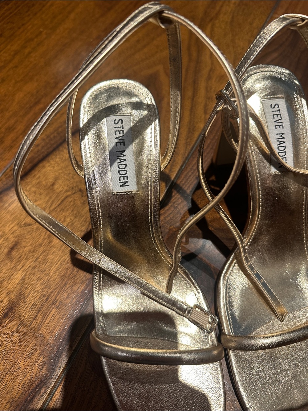 Steve Madden Metallic Gold Strappy Square-Toe Heels - Picture 3 of 6